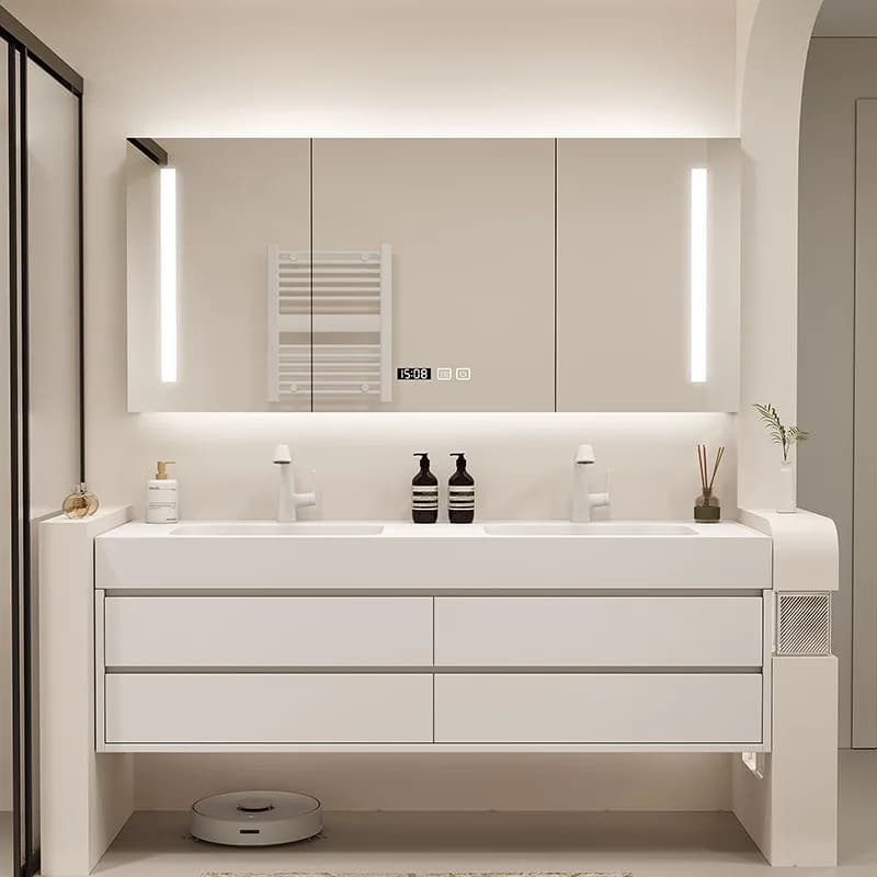 Smart mirror cabinet Corian integrated basin countertop minimalist bathroom cabinet combination double basin under the counter b