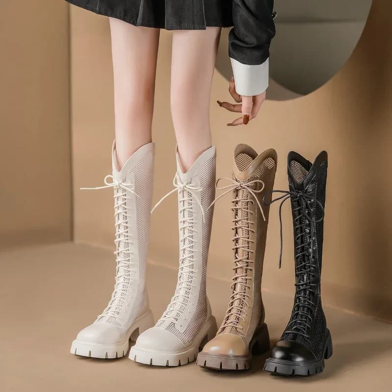 Women Summer Knee-high Mesh High Boots Female Breathable Platform Mesh Lace-up Knight Boots Thick Heel Hollow Long Knight