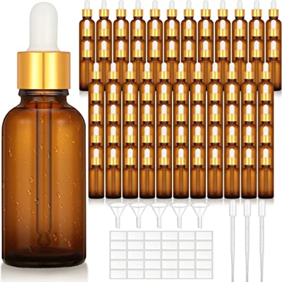 100 Pezzi Bottiglie Contagocce in Vetro da 1 oz per Oli Essenziali con Etichette e Imbuti, Tappi Dorati, Contenitori Vuoti in Vetro per Tinture