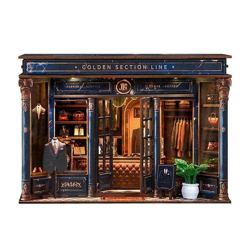 Kit Fai-da-Te per Libreria in Miniatura a Forma di Negozio di Abbigliamento, Modello in Legno con Linea d'Oro, Regalo di Compleanno per Amici