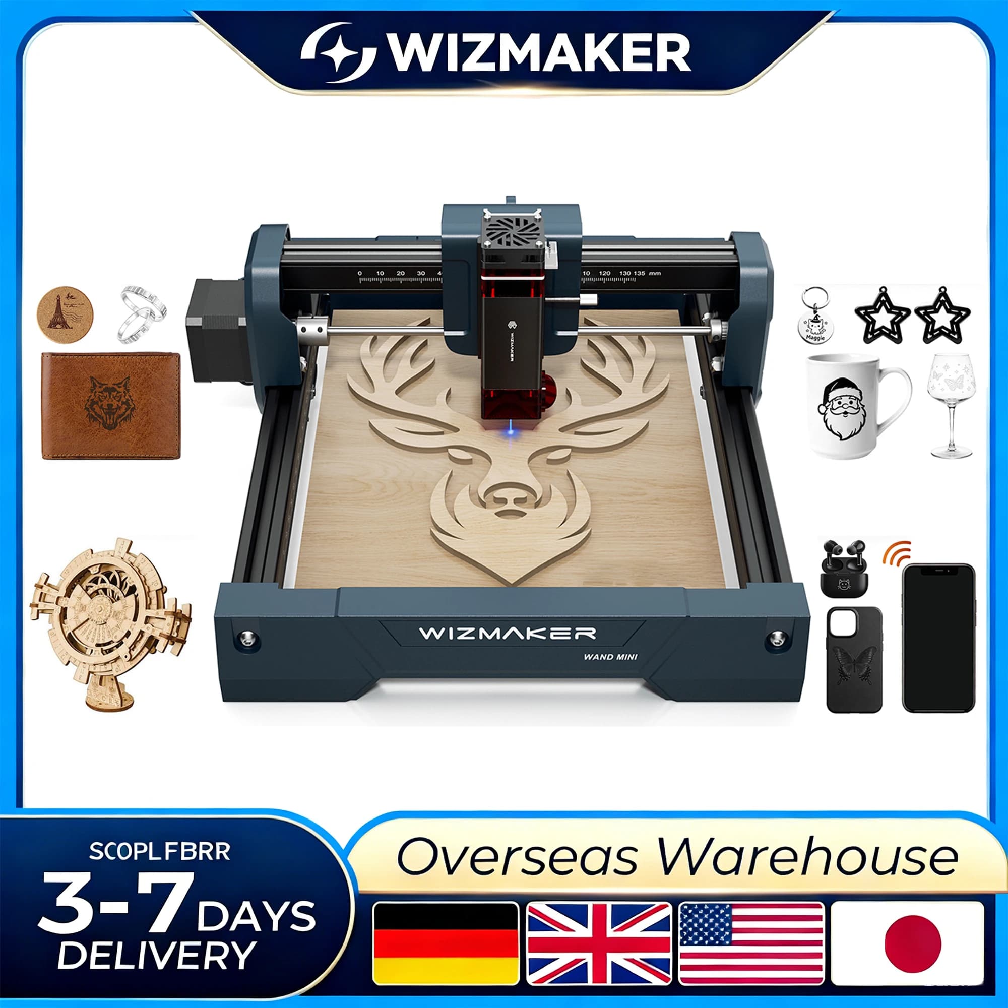WIZMAKER WAND MINI Incisore Laser Fai-da-Te per Regali Personalizzati Senza Montaggio Legno Pelle Carta Facile da Usare Software BURNLAB Gratuito