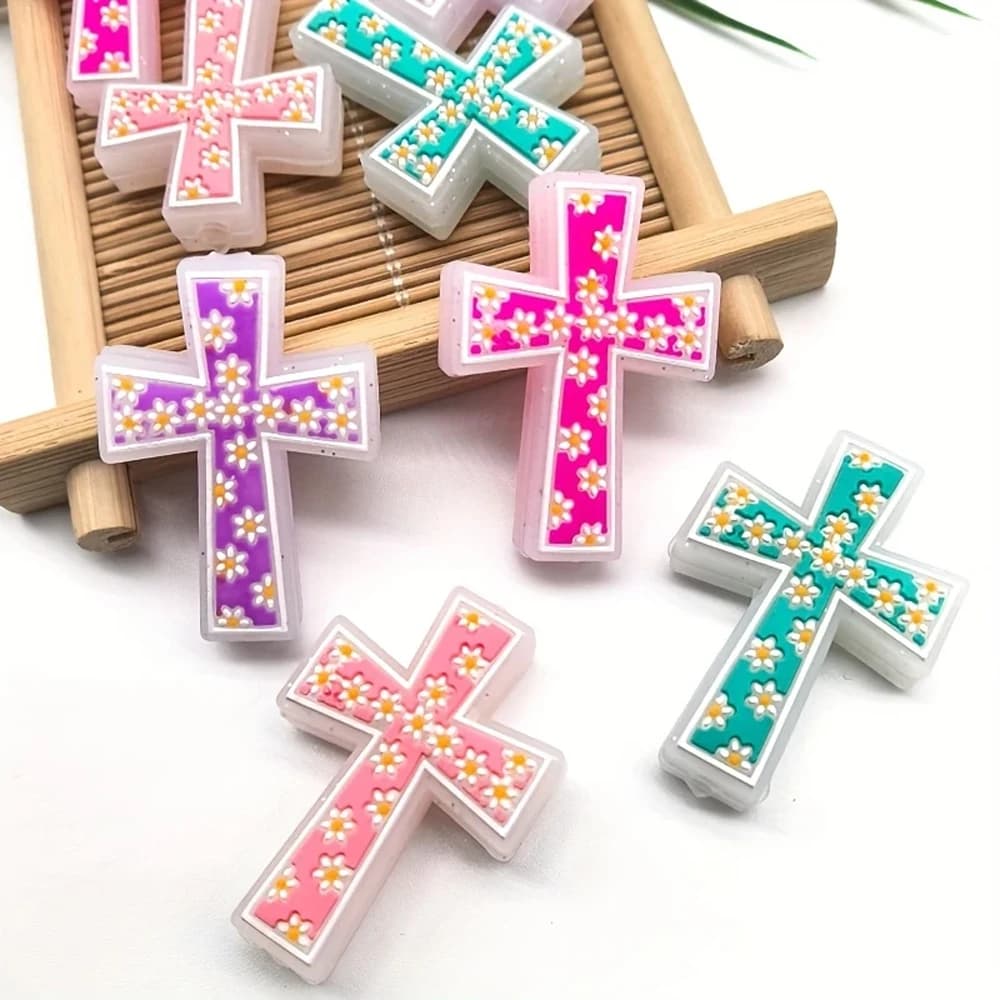 Set di perline in silicone serie Flower Cross da 5/8/25 pezzi, perfetto per l'artigianato fatto a mano fai-da-te come portachiavi, collane, bracciali, ecc.