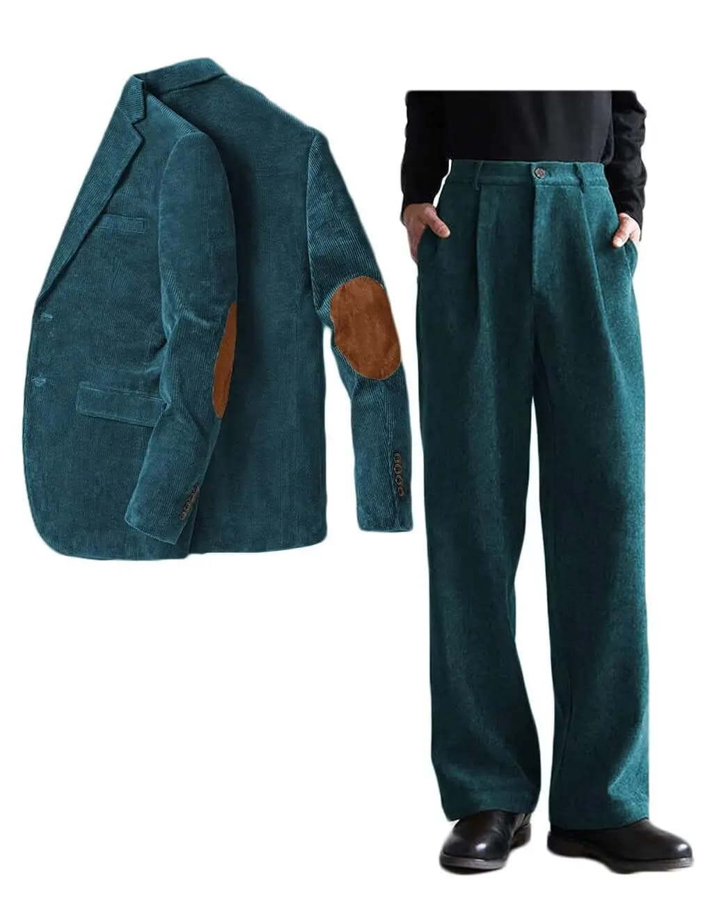 Giacca e pantaloni da smoking in velluto a coste da uomo in 2 pezzi con toppe sui gomiti Camicetta casual da ballo per matrimonio a due bottoni