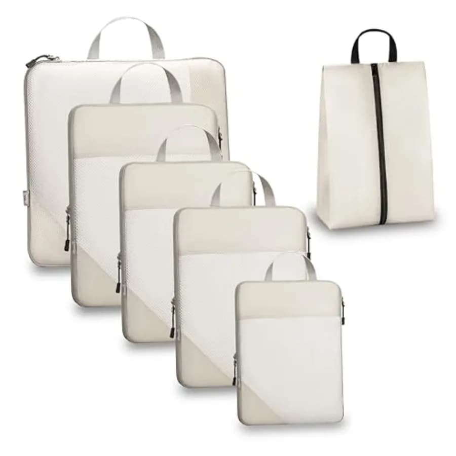 Set di 6 Cubi di Compressione per Viaggi, Organizzatori Espandibili per Valigie con Rete Bianca, Leggeri in Poliestere Oxford