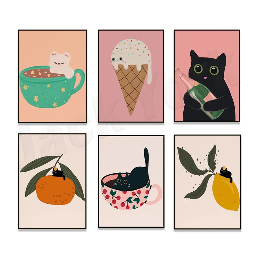 Simpatico gatto, limonata al limone, torta al limone, bottiglia di champagne, gatto gelato, poster torta in rotolo di fragole, arte estetica gatto nero