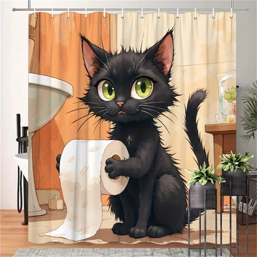 Cartoon Funny Black Cat Holding Toilet Paper Print Shower Curtain Waterproof Mildew Resistant Plastic Hooks Easy Install