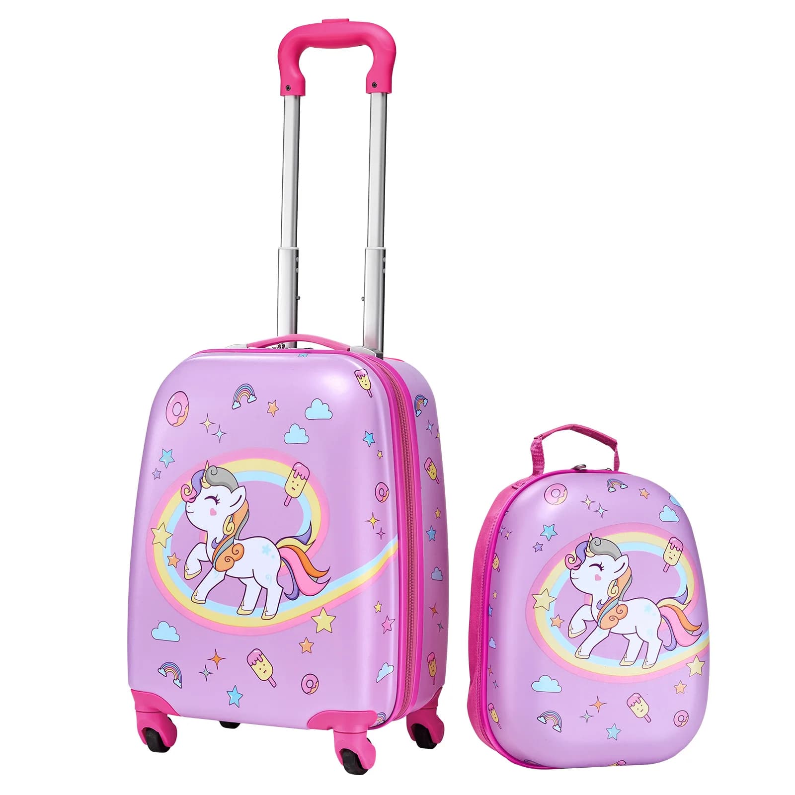 SucceBuy Set Valigie per Bambini 2 Pezzi, Valigia Rigida 18 Pollici con Ruote e Zaino Unicorno, Set Bagaglio a Mano per Bambine