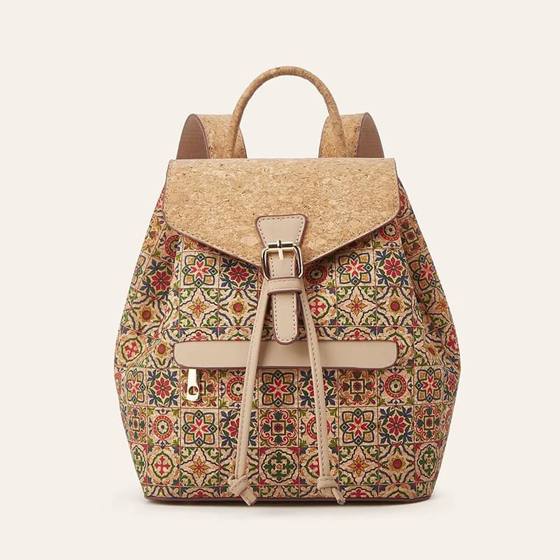 Backpack Bags Retro Cork Leather National Flower Printing Large Capacity Flap Cover Crossbody Bag