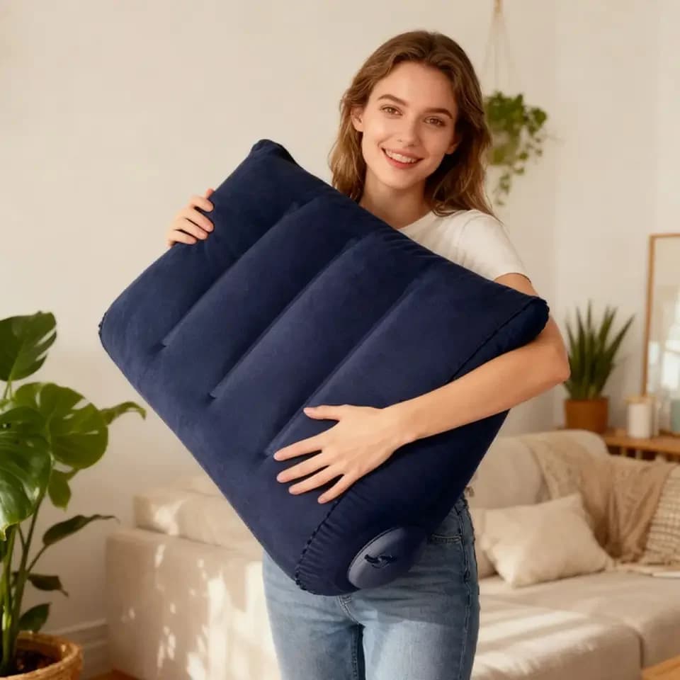 Cuscino da viaggio triangolare gonfiabile, cuscino di supporto per collo e lombari da ufficio, cuscino poggiagambe ispessito in tessuto floccato per viaggi aerei