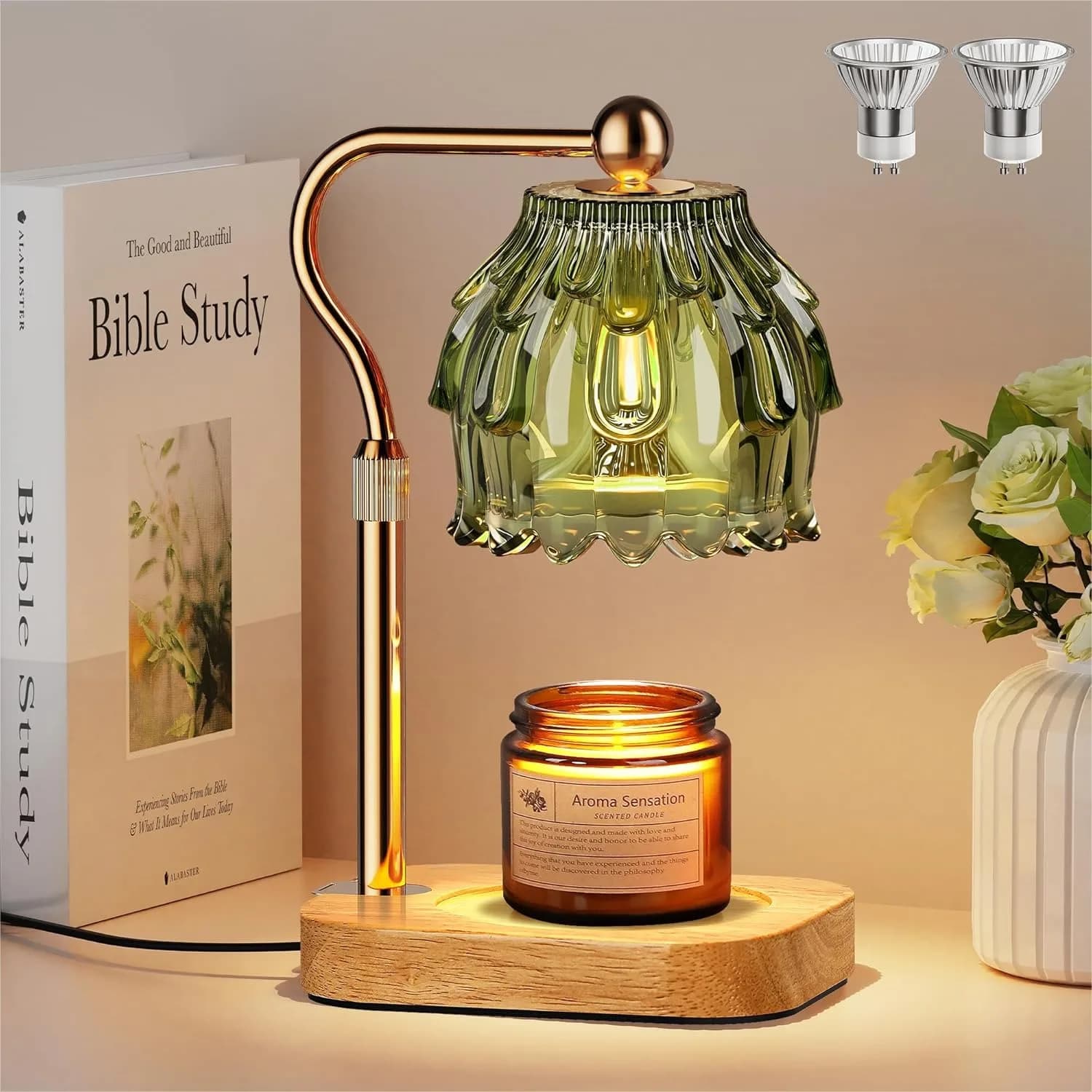 Lampada Scaldacera con Timer e Dimmer, Scaldacera Moderno per Barattoli Profumati, Lampada in Vetro Regolabile in Altezza per Arredamento Casa, Oro