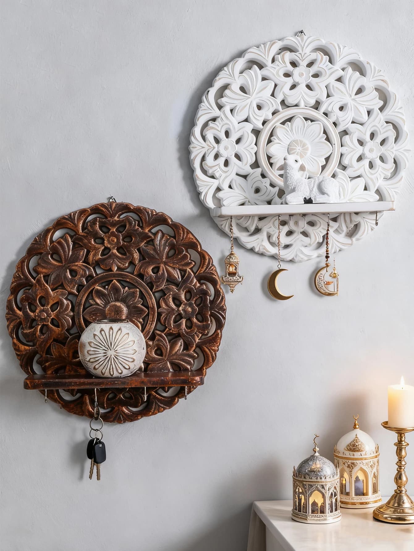Boho Wooden Wall Shelves, White & Brown Floral Carved Design, Decorative Hanging Shelf with Hooks for Entryway & Home Wall Decor