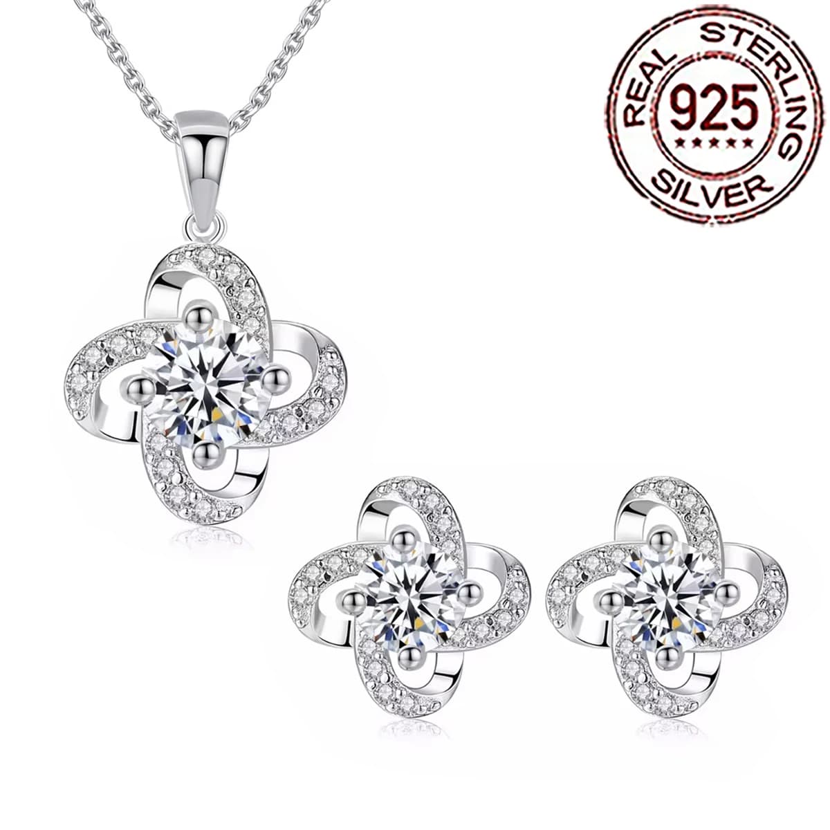 QooLady 925 Sterling Silver Geometric Shiny CZ Crystal Earring Necklace Sets for Women Fine Valentine's Day Jewelry Gifts ST059