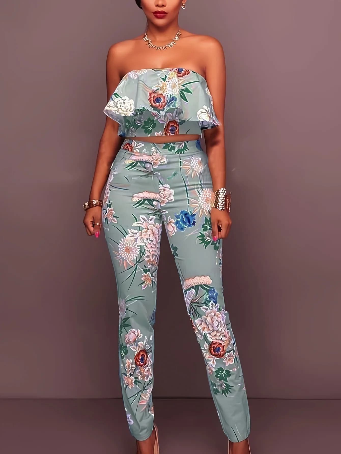 Spring Print Hip Hugging Tight Pants Suit Women Elastic Ruffle Chest Hugging Tops+high Waist Tapered Pants Female Two Piece Set