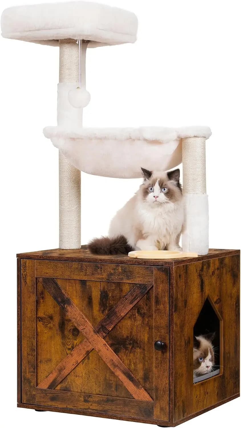 Hey-brother Cat Tree with Litter Box Enclosure, All-in-one Cat Tower for Indoor Cats with Large Hammock, Bed, Food Station, Scra
