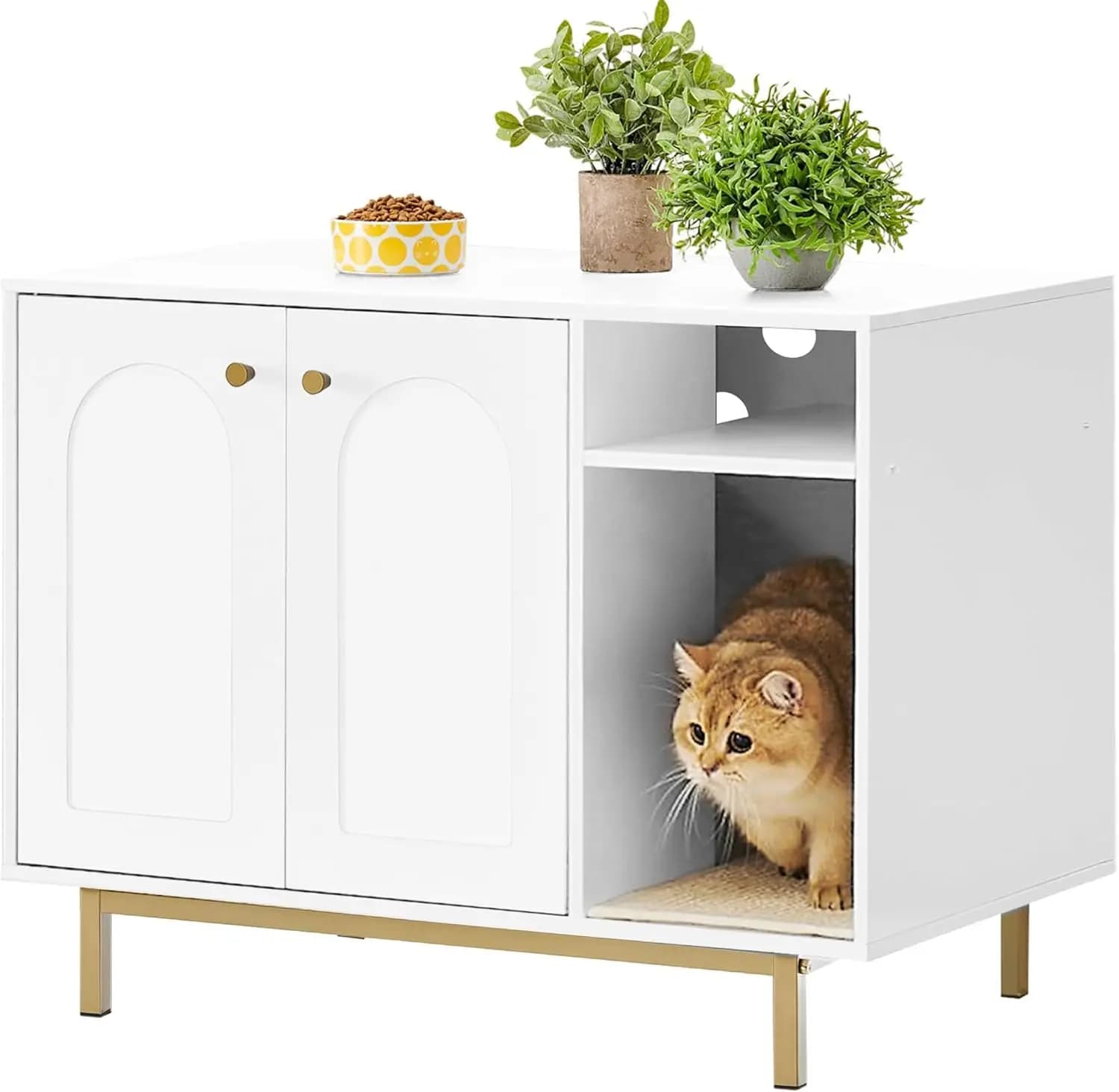 Moderna Casetta per Gatti Bianca e Oro con Contenitore per Lettiera e Spazio di Archiviazione, Grande Mobile per Gatti da Interno per Soggiorno