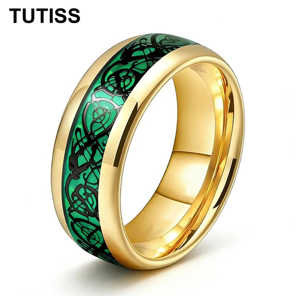 TUTISS 6/8mm Dome Polishing Carbon Fiber Green Dragon Inlay Tungsten Ring Men Women Engagement Wedding Band Comfort Fit