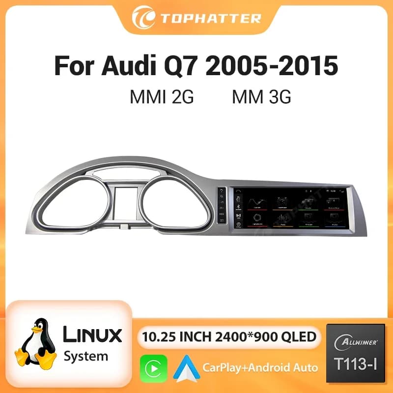 Display multimediale Linux da 10,25 pollici con touchscreen per Audi Q7 2005-2015, CarPlay wireless, GPS, radio, lettore Bluetooth e Airplay.