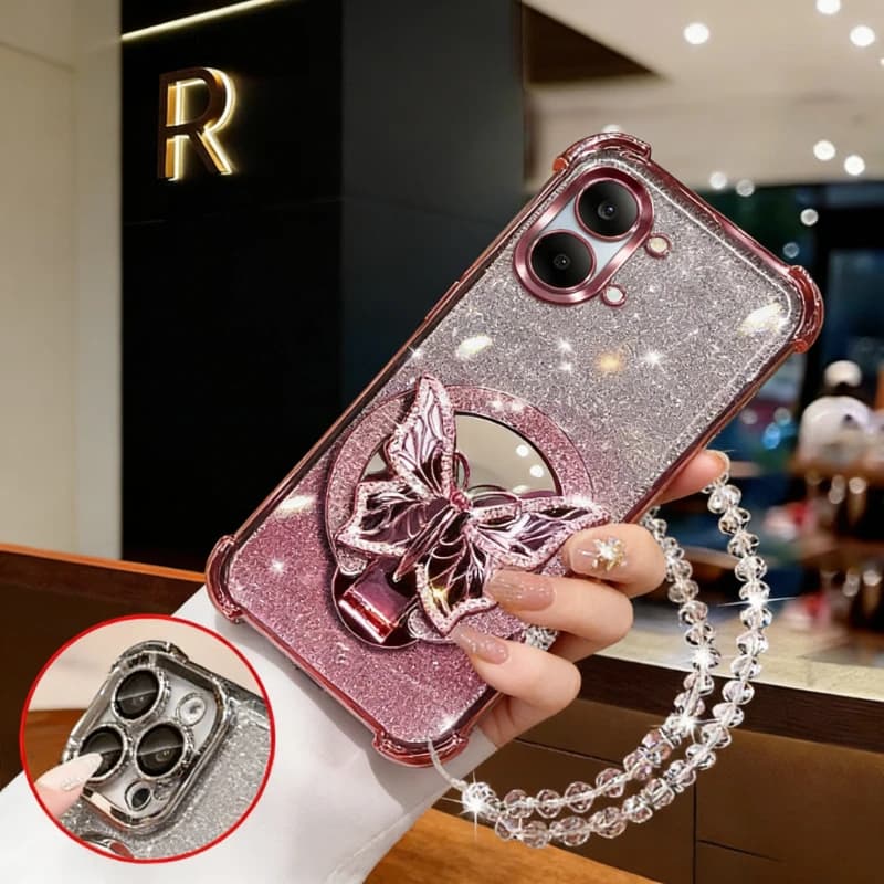 Phone case with butterfly mirror and support for Xiao Mi Poco X8 Pro Max M8 F8 Ultra X7 Pro F7 M7, with bracelet and shell with airbag on the four corners
