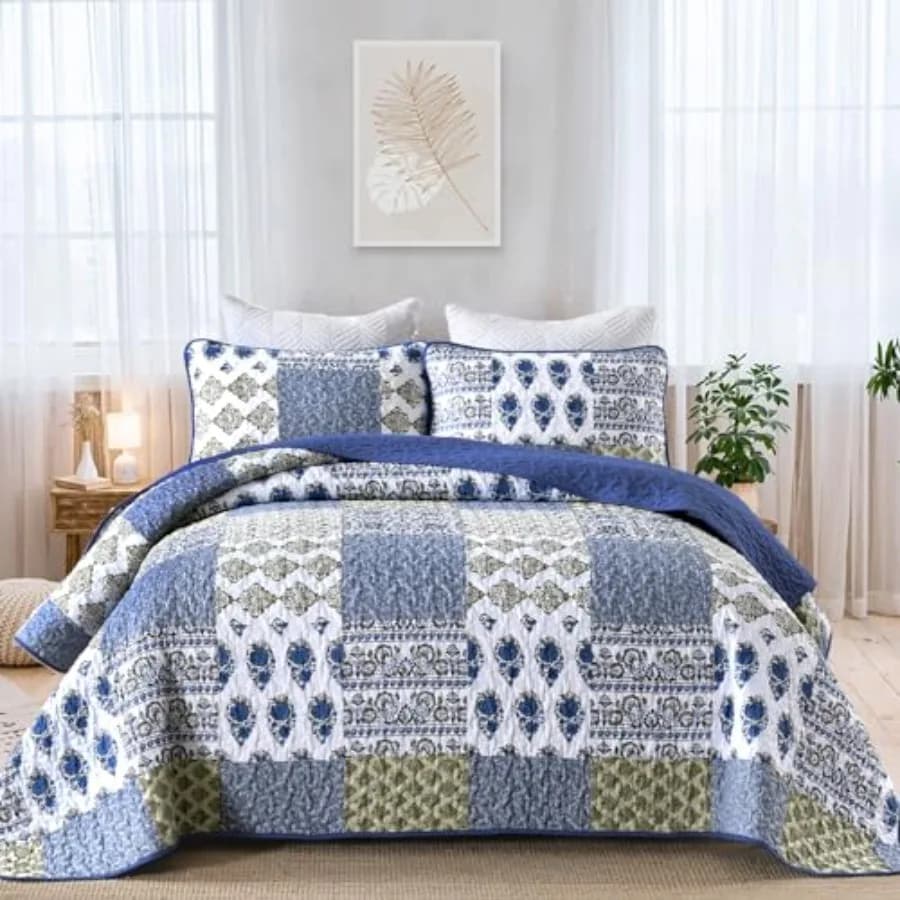 Set copriletto 3 pezzi, motivo a quadri floreale boho, in microfibra, stile bohemien, per tutte le stagioni, 1 copriletto + 2 cuscini