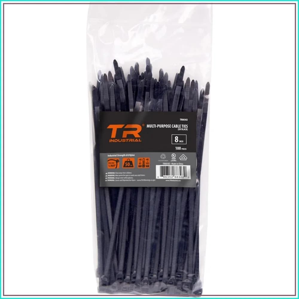 UV Resistant Black Cable Ties, 8 Inches, 100 Pack, 50 lbs Tensile Strength
