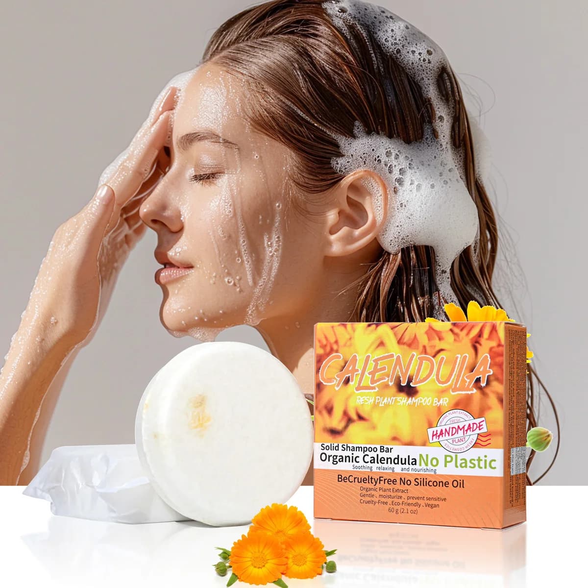 Shampoo soap essential oil of flowers and plants of calendula handmade soap with a rich aroma, oil control and hair hydration