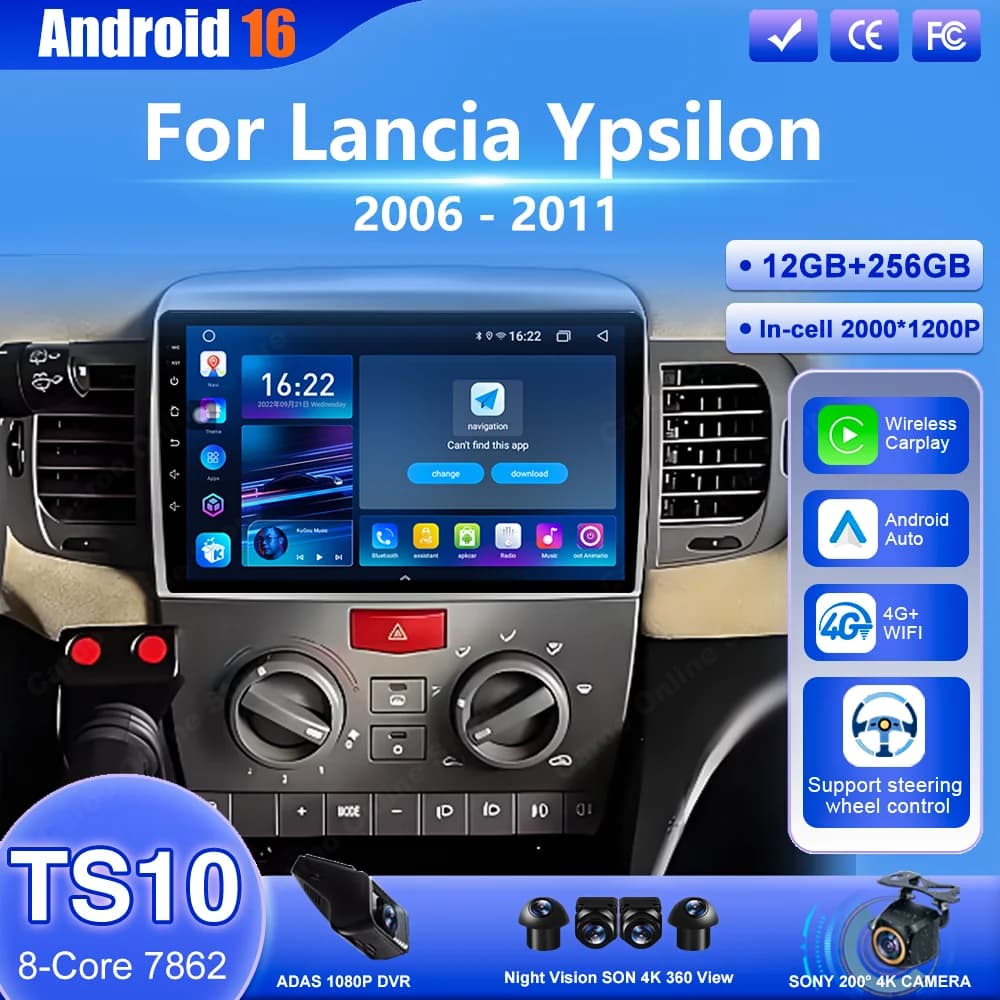 Autoradio Wireless Carplay Android 16 per Lancia Ypsilon 2006-2011, Lettore Multimediale Auto, Stereo 4G+Wifi, Navigazione GPS, DVD Auto