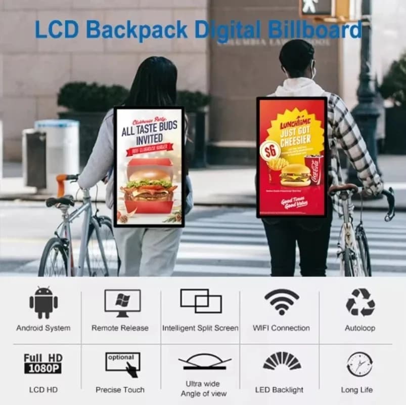 21.5 Inch LCD Screen Backpack Billboard Android LCD Backpack Screen LCD Backpack TV Player Takeaway Bag Digital Signage Display