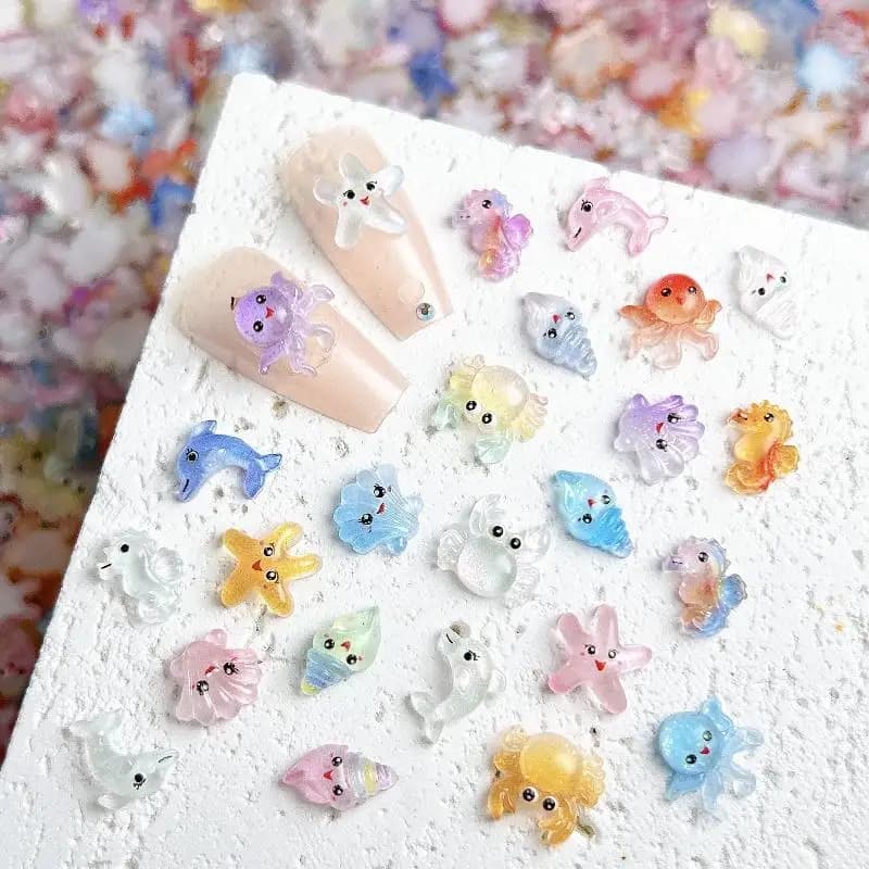 30Pcs Cute Starfish Shellfish Dolphin Crab Resin Nail Art Decorations Cartoon Multi Style Luminous Nail Charms DIY Nail