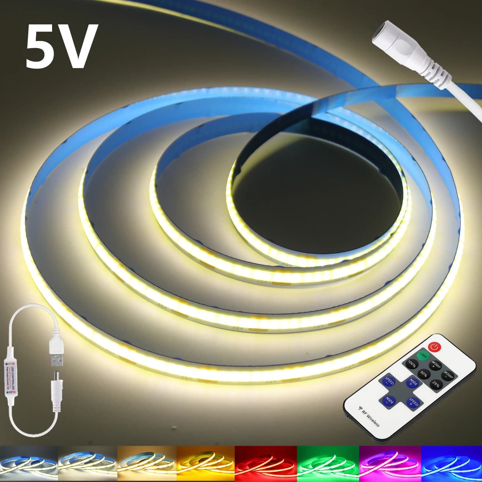 5V Dimmable COB LED Strip Light 320LEDs 11Key Remote Control Kit Red Green Blue Pink Warm White 8mm PCB Flexible Tape Home Decor