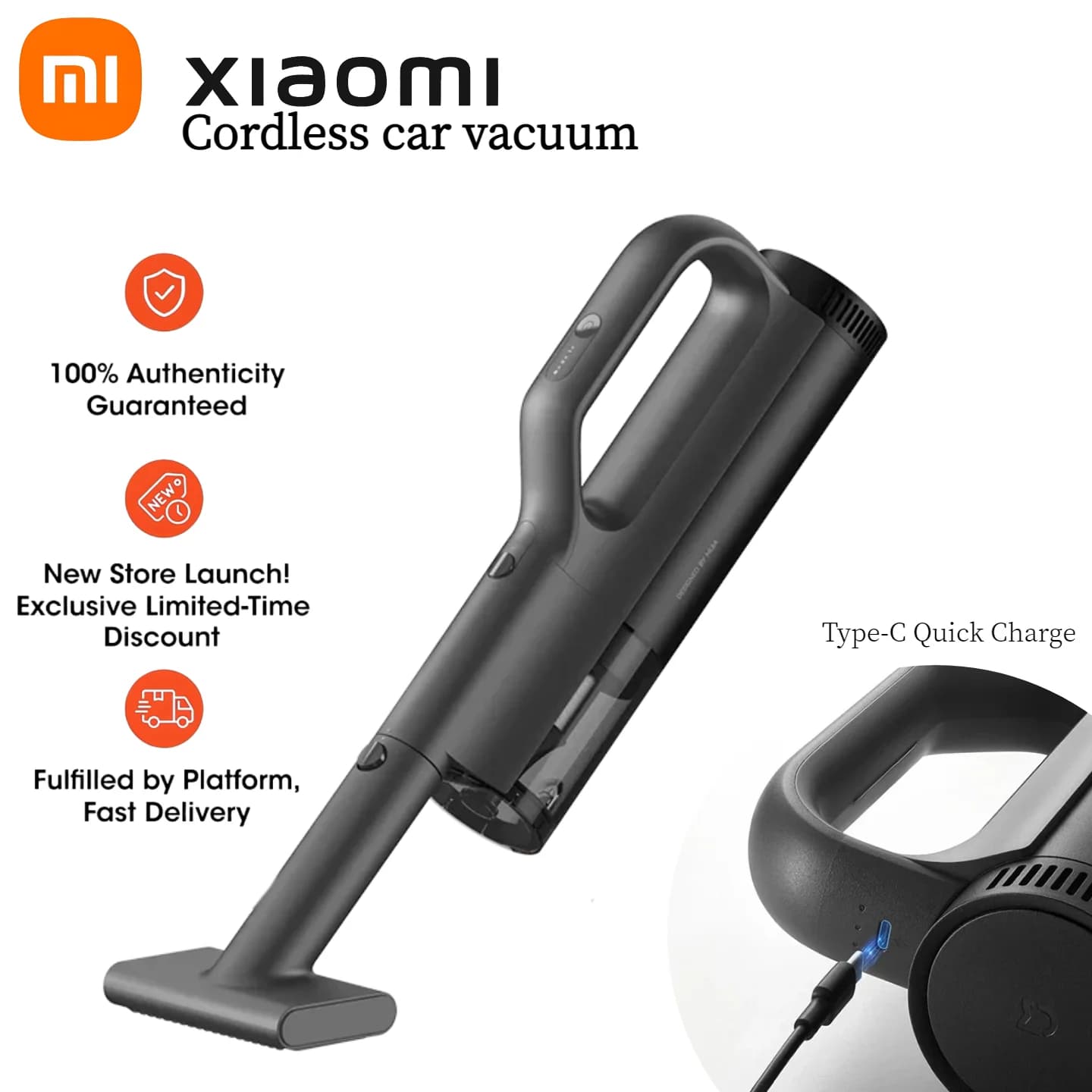 Xiaomi Cordless Car Vacuum Cleaner, Portable Handheld Mini Vacuum with Strong Suction, Quiet & Lightweight, Type-C Fast Charging