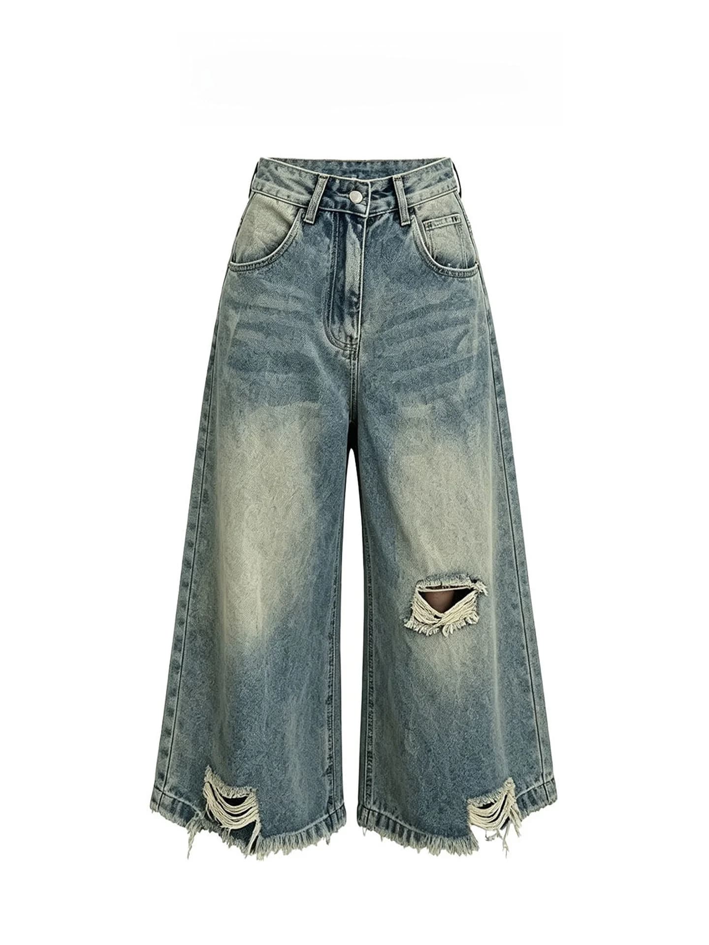 Retro American Torn Jeans High Waist Loose Straight Leg Wide Leg 7/8 Length Blue Casual Comfortable Breathable Summer Pants