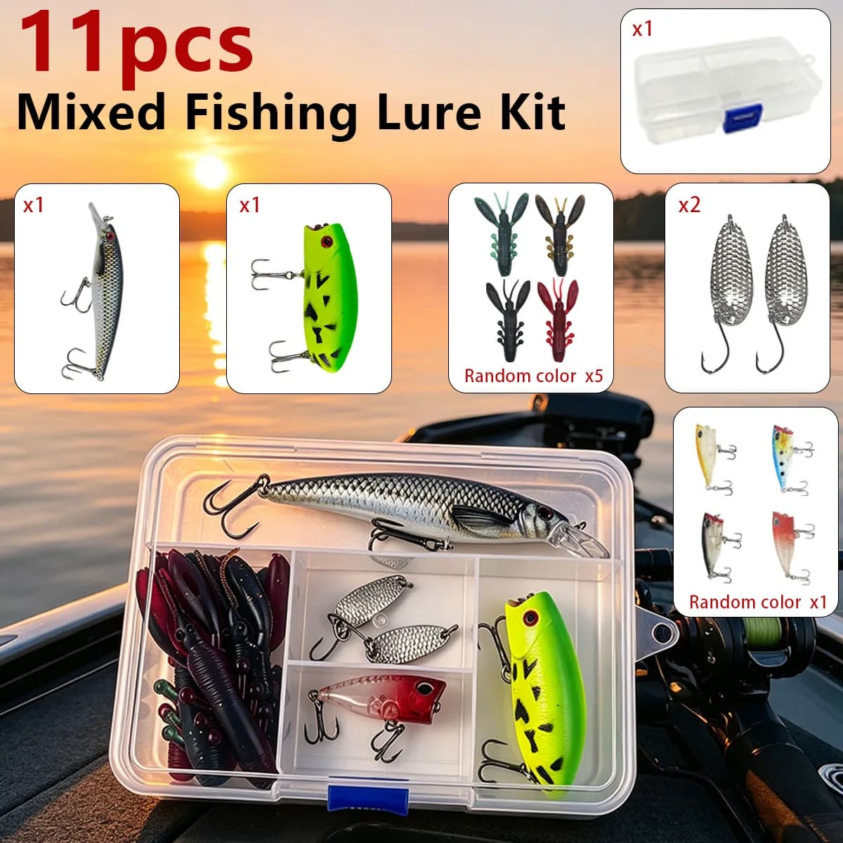 Mixed Fishing Lure Kit with Tackle Box, Including Minnow, Popper, Spoon, Soft Baits, Hard & Soft Lure