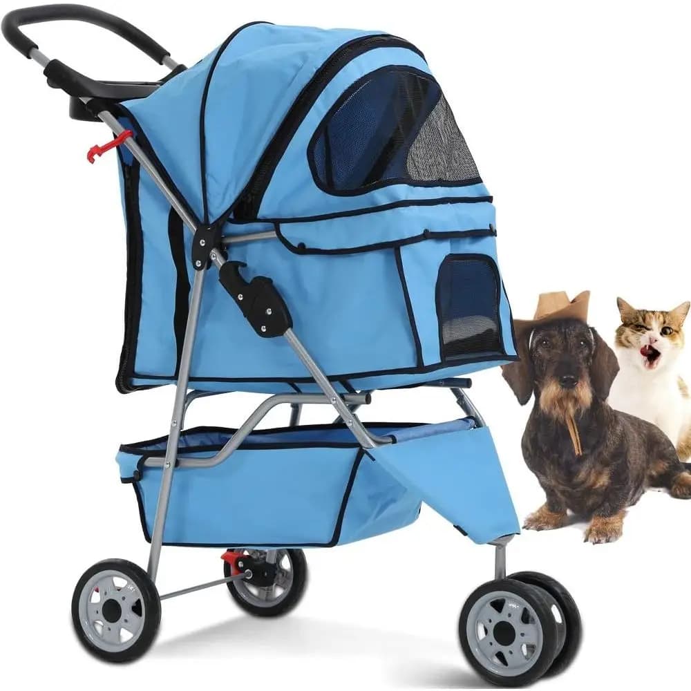 Lightweight Foldable Dog Stroller for Small Medium Dogs & Cats, Breathable Mesh & Weather Cover with Storage Basket, for Daily W