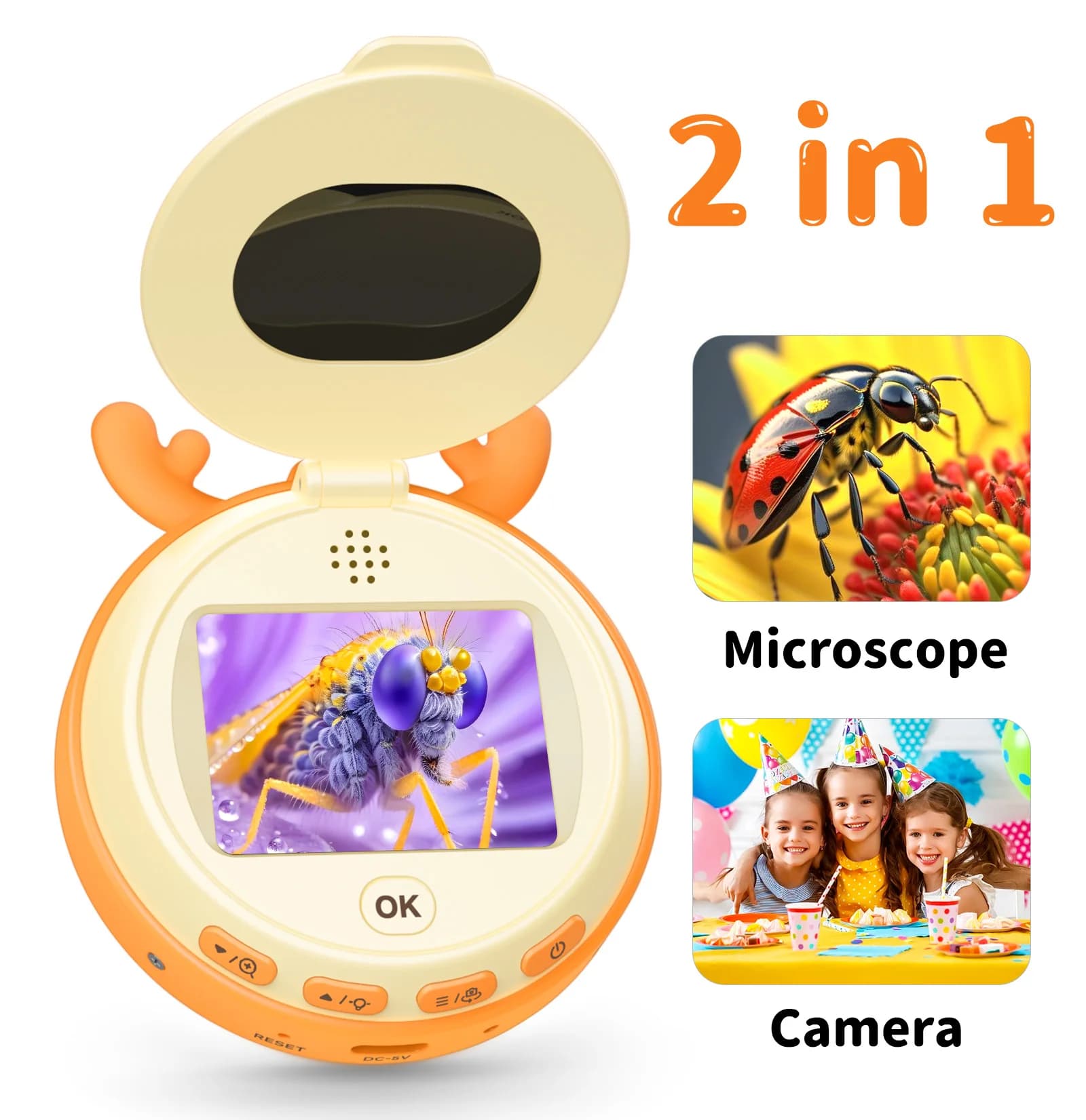 Fotocamera per microscopio per bambini con schermo IPS da 2 pollici 1080HD Microscopio tascabile giocattolo 1000X 2 IN 1 Fotocamera per microscopi per regali per bambini