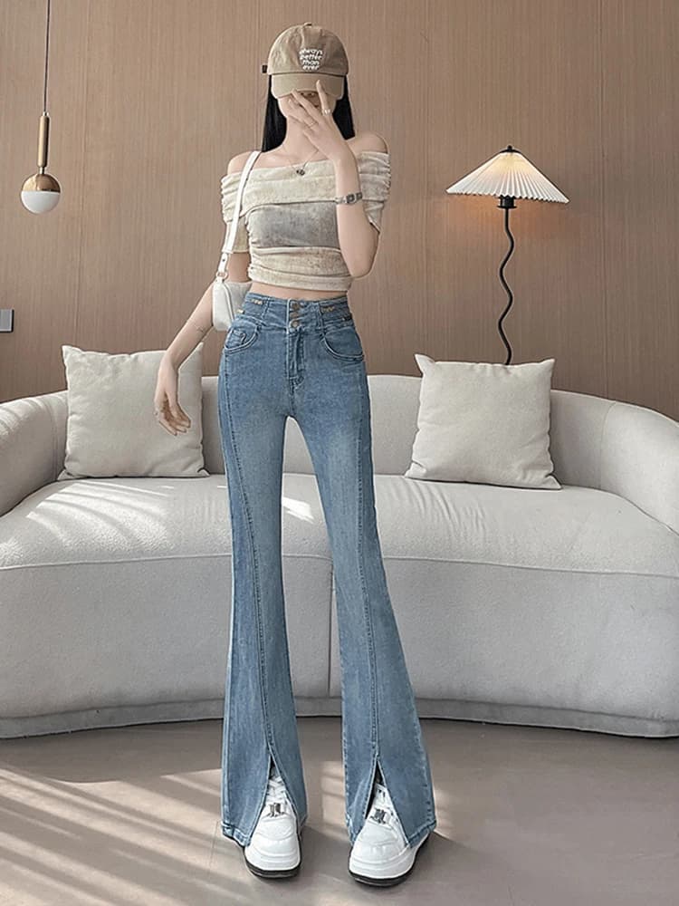 Jeans Slim Fit a Vita Alta Micro Svasati da Donna, Nuovo Stile Estivo, Pantaloni Casual con Spacco, in Denim Blu a Vita Alta, Nine Pounds
