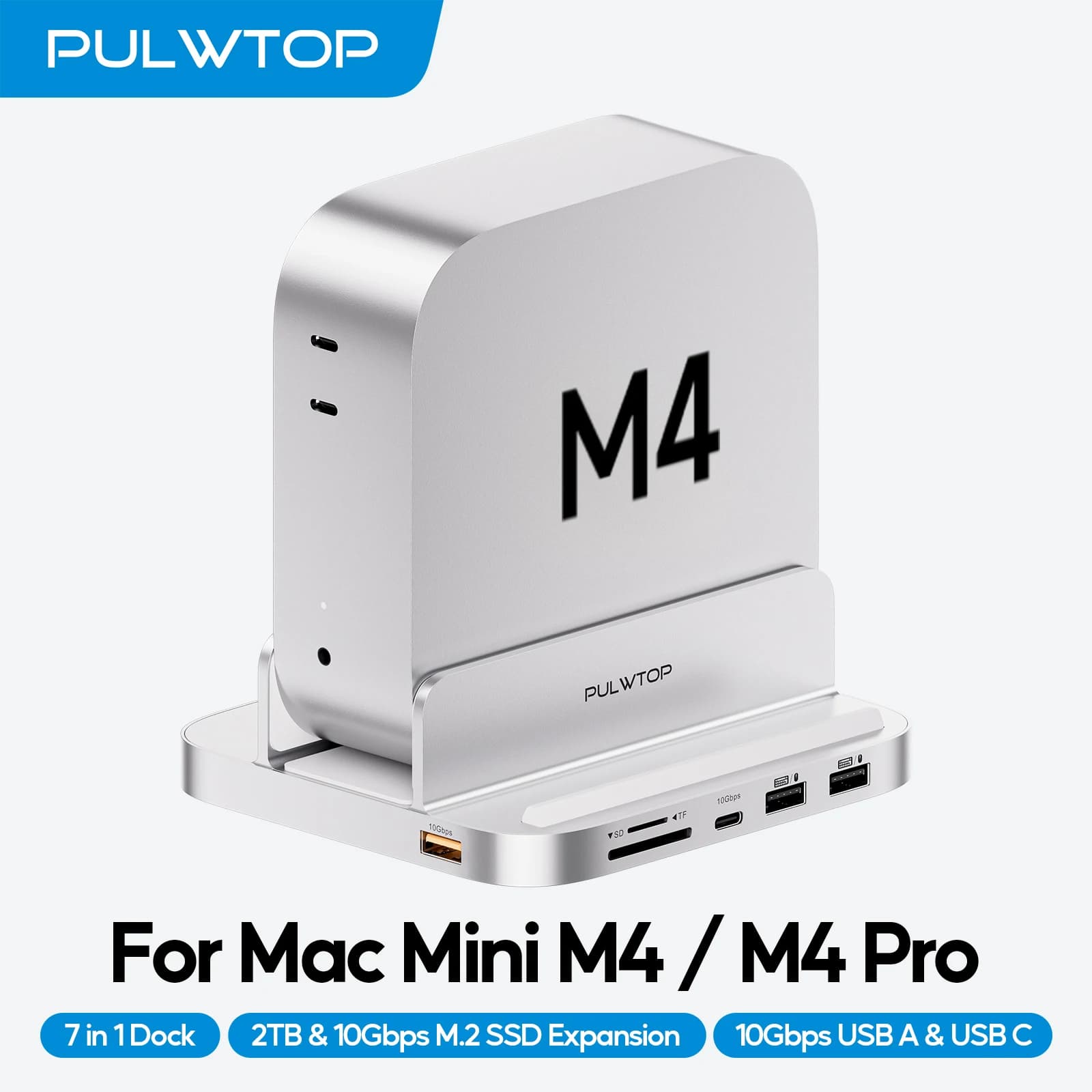 Hub PULWTOP per Mac Mini M4 con Enclosure SSD M.2 (NON Incluso), con USB A/C 3.2, Audio, Microfono, SD/TF, per Mac Mini M4/M4 Pro