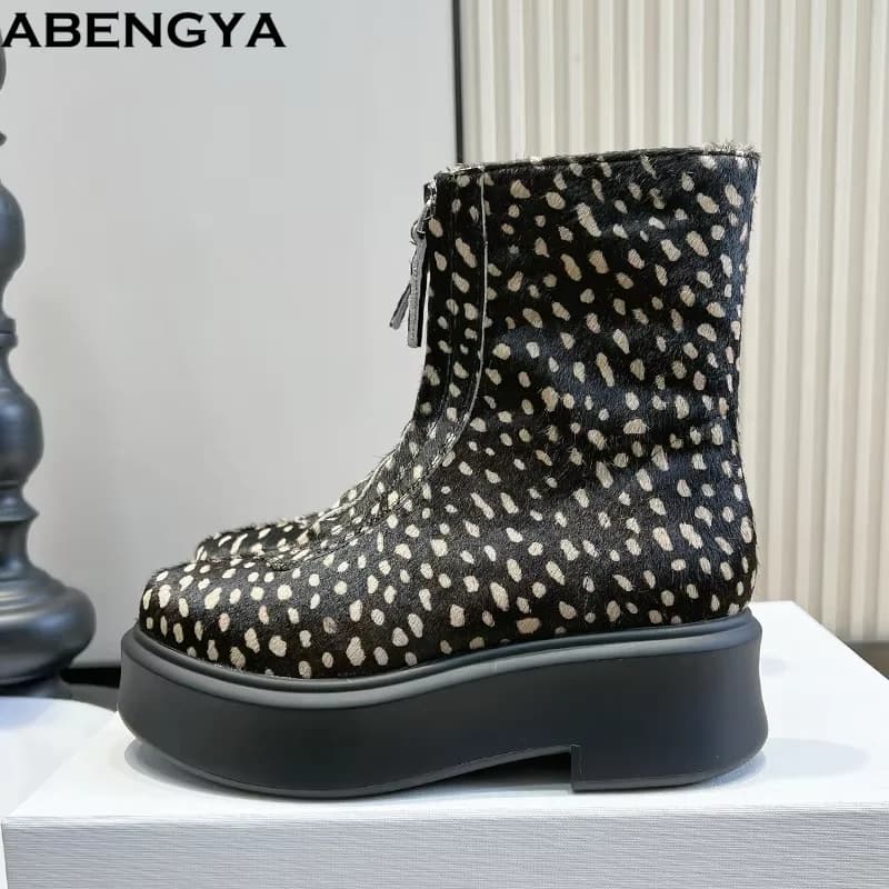 Hot Sale Black Leather Mid Calf Boots Women Round Toe Flat Platform Casual Short Boots Winter Designer Party Chelsea Boots Women
