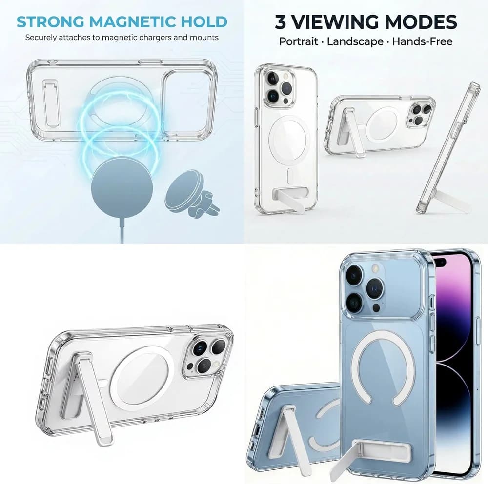 Exclusive Magnetic Clear Phone Cover Vertical Horizontal Stand Shockproof for iPhone 17 16 15 14 13 12 11 Pro Max Plus mini