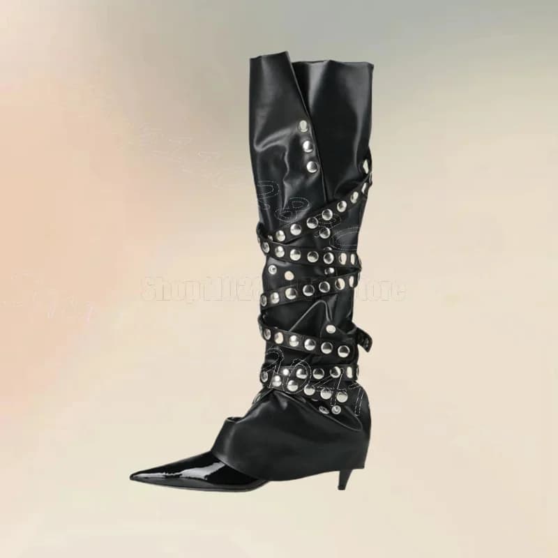 Stivali Neri in Morbida Pelle con Rivetti Metallici e Punta Affusolata, Scarpe da Donna Slip-On con Tacco Alto Sottile, Sexy per Feste e Appuntamenti 2025 Zapatos Para Mujeres