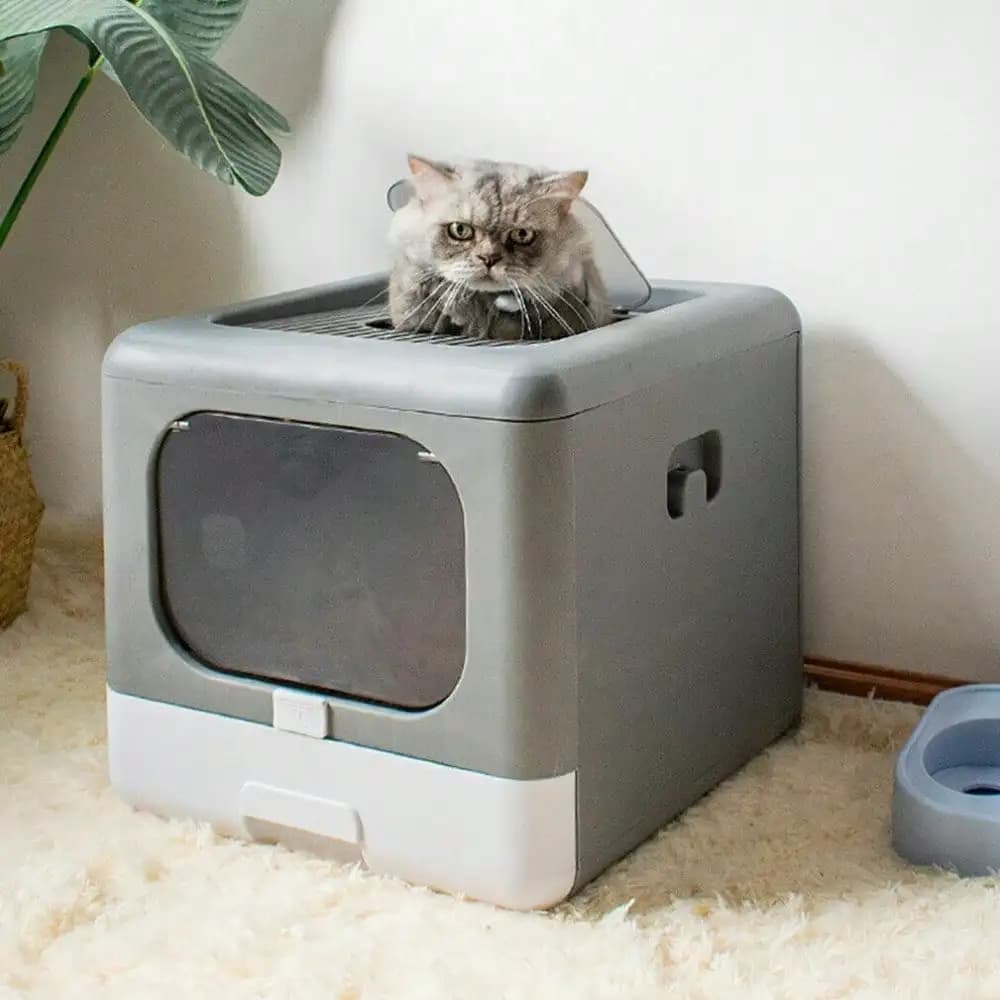 Lettiera per gatti di grande spazio con ingresso frontale e superiore, design pieghevole staccabile con cassetto e paletta per una facile pulizia