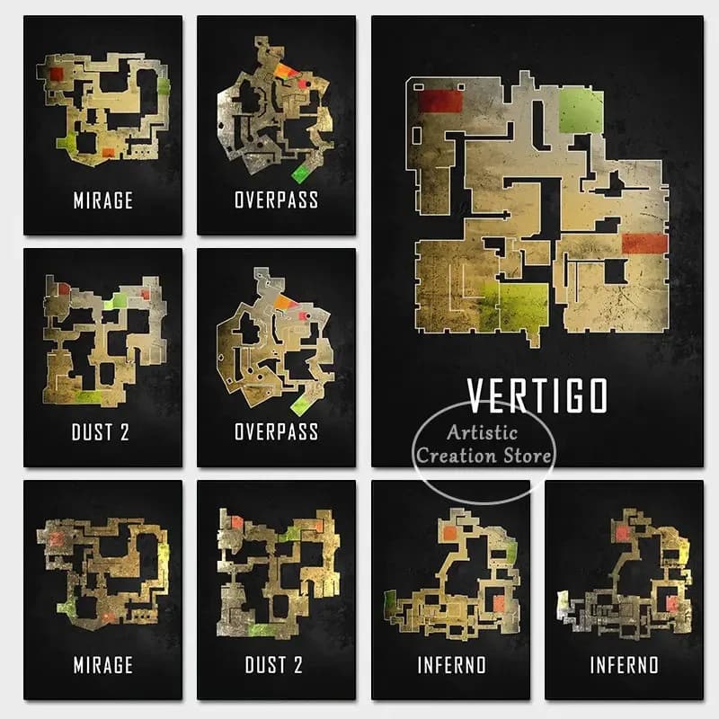 Cs Go Mappe Poster Prima persona Sparatutto Gioco Polvere 2 Mappa Nuke Stampa nera Pittura su tela Immagini a parete per la decorazione della parete della sala giochi
