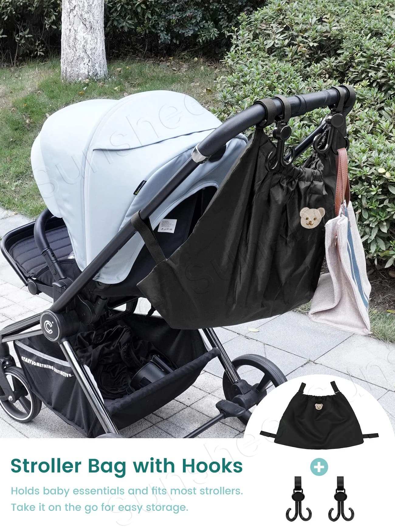 Large Capacity Baby Stroller Organizer with Cute Bear Pattern, Universal Hanging Caddy for Shopping Cart