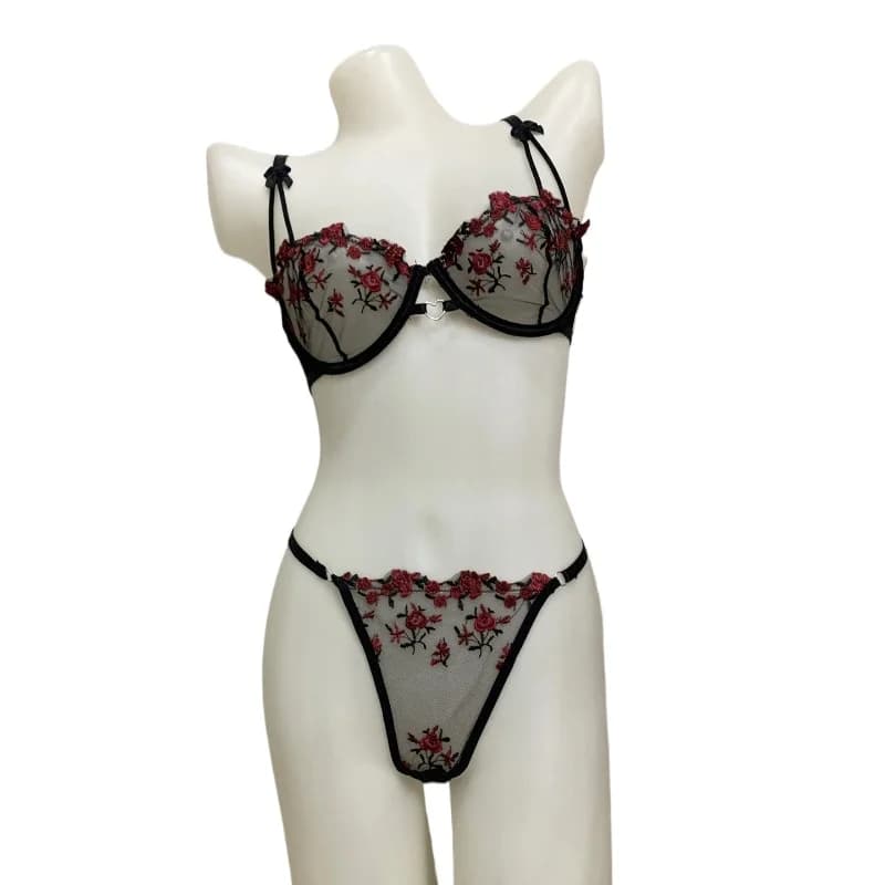 French Floral Mesh Bra Set | Sheer See-Through Lace Bralette, Sweet Sexy Cute Underwear for Women | Summer MOYISU Sexy Panty Set