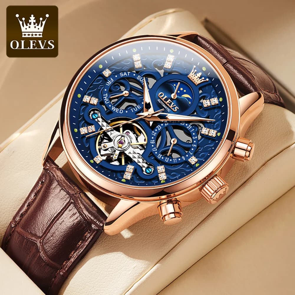 OLEVS 6658 Orologio automatico da uomo di marca originale Scava fuori scheletro noctiucente Orologio da polso da uomo con fasi lunari di moda di lusso