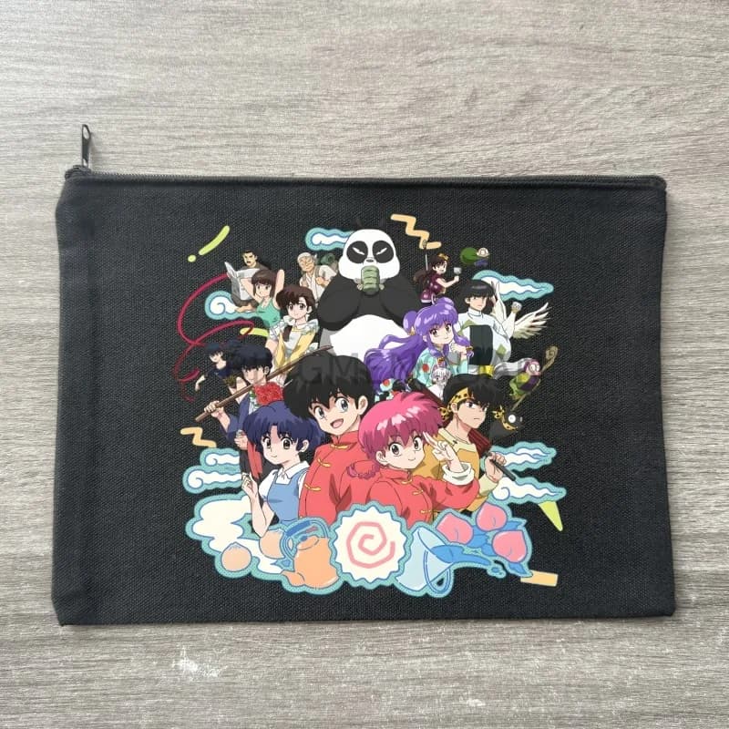 Borsa per il trucco in tela Ranma 12, borsa per cosmetici portatile da viaggio nera con cerniera, borsa leggera per monete da donna