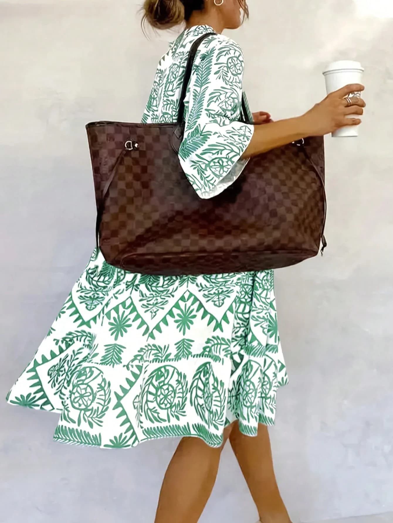 Abito casual da donna con stampa all-over, maniche a campana e linea ad A, per vacanze, primavera estate
