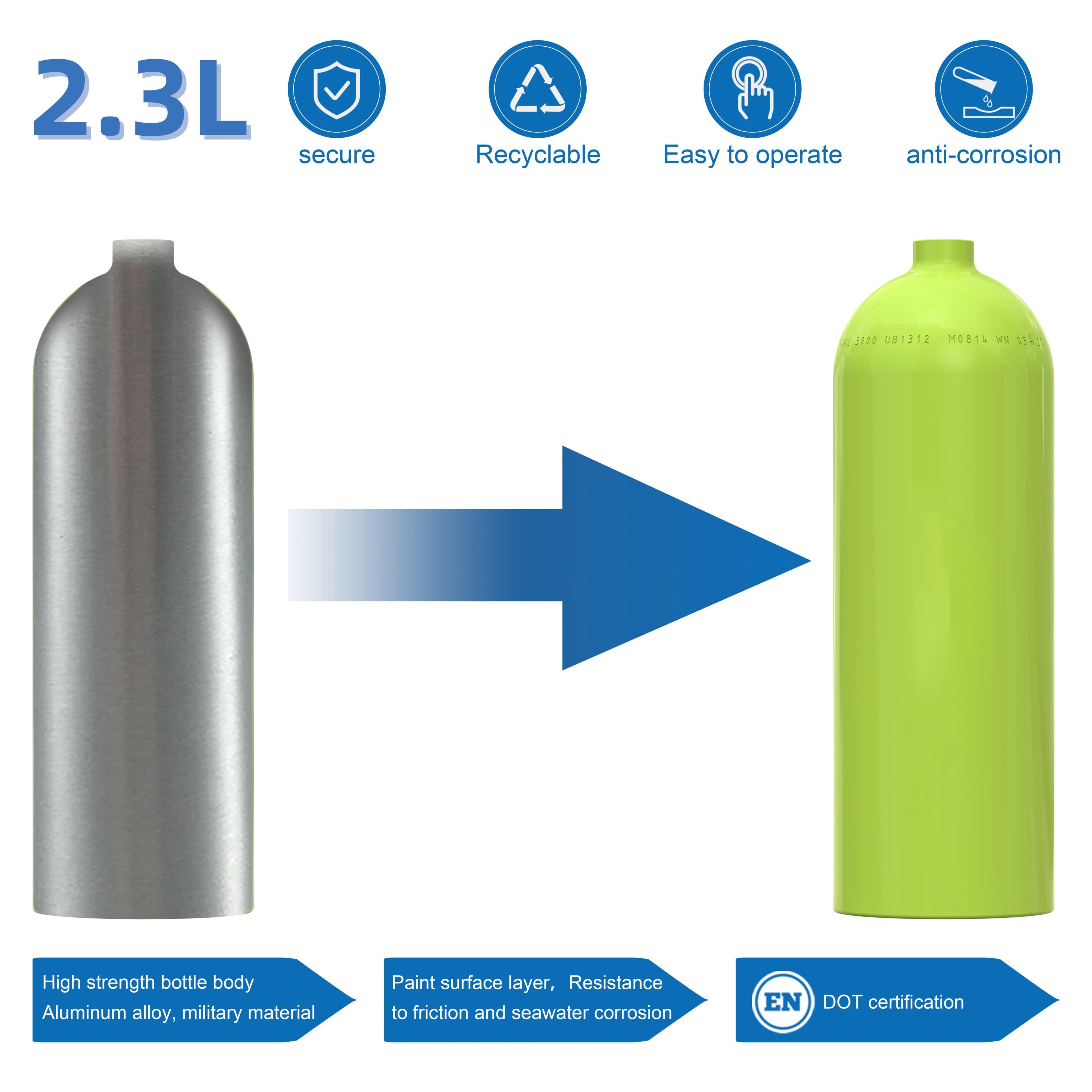 1PC Bombola Subacquea Mini da 2.3L, Serbatoio di Ossigeno, Respiratore per Immersioni, Respiratore per Snorkeling, M18*1.5 per Immersioni e Acquari