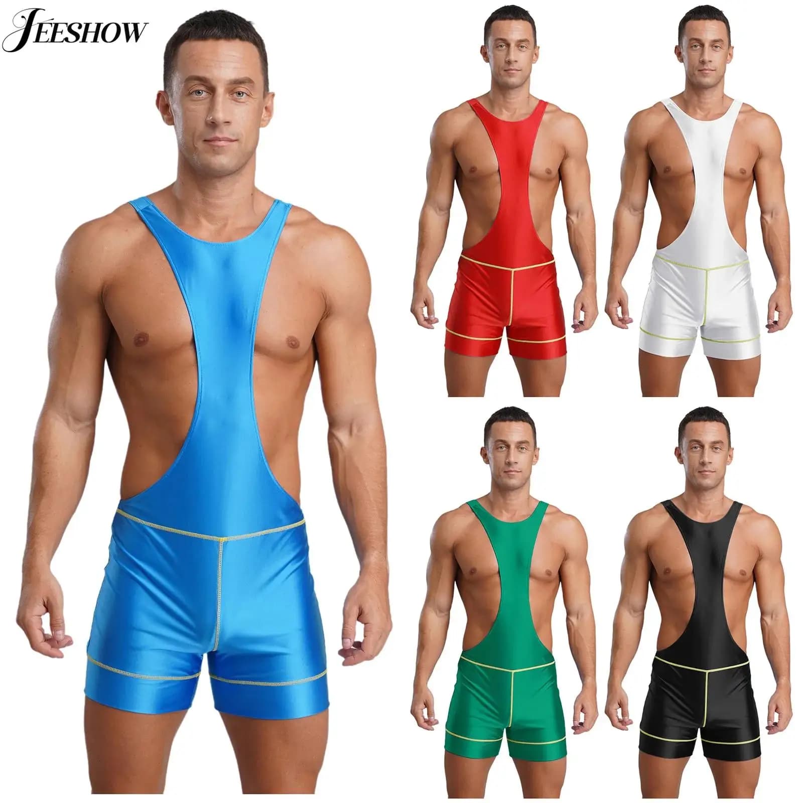 Body sportivo da uomo con taglio lucido, elastico lucido, canottiera da wrestling senza maniche, con apertura sul retro, Mankini per allenamento yoga