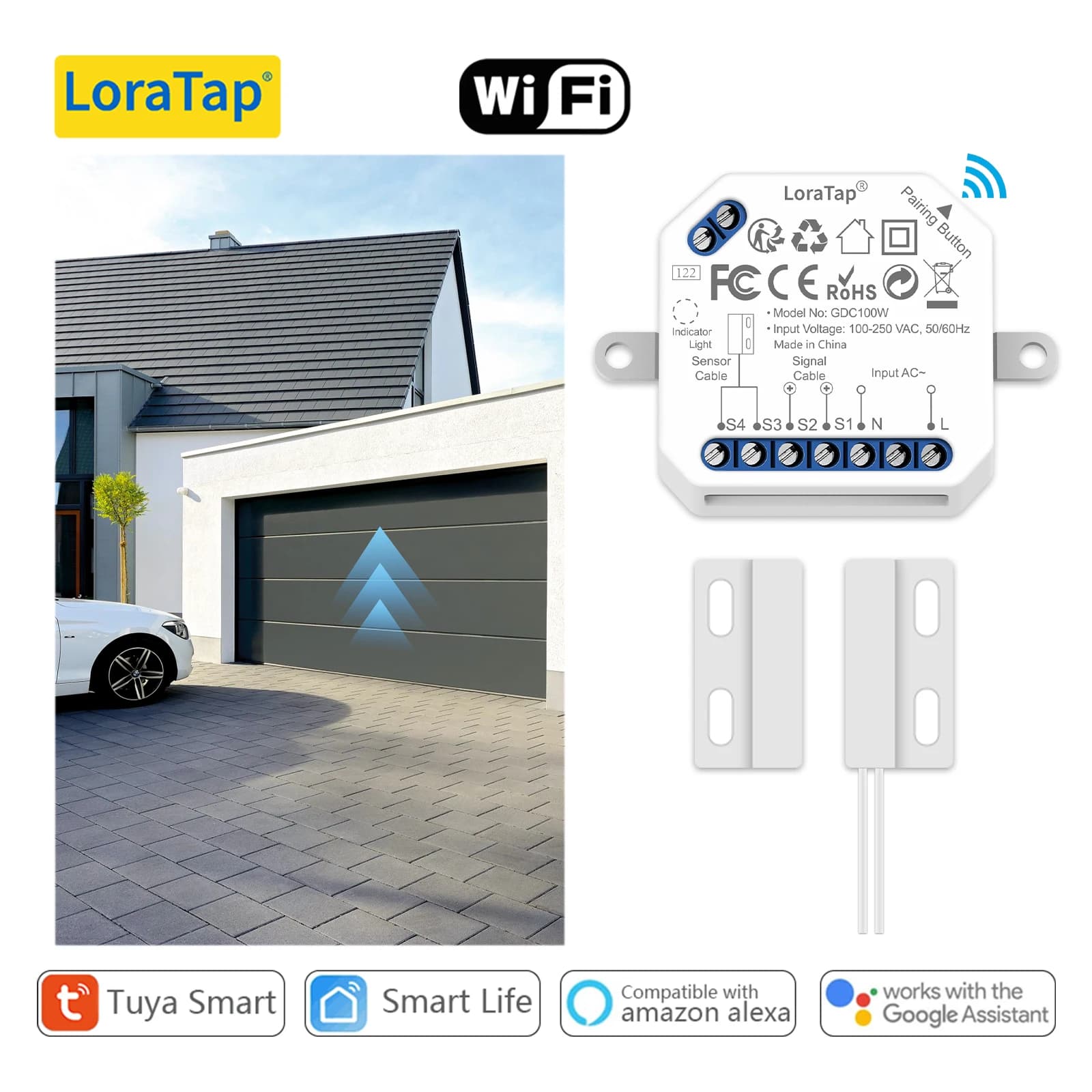 LoraTap Tuya Controller per apertura porta garage wireless Interruttore Protezione di sicurezza Avviso precoce Funziona con Google Alexa