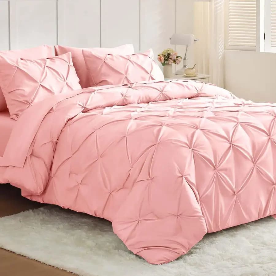 Set Queen 7 Pieces, Full Set for Queen Bed for All Seasons, Pintuck Bed Linen Set with Hoodie, Flat Bed Sheet, Angle Bed Sheet